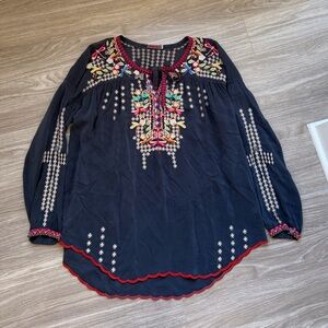 Johnny Was Women’s Dragonfly Embroidered Scalloped Long Sleeve Blouse Sz L Blue